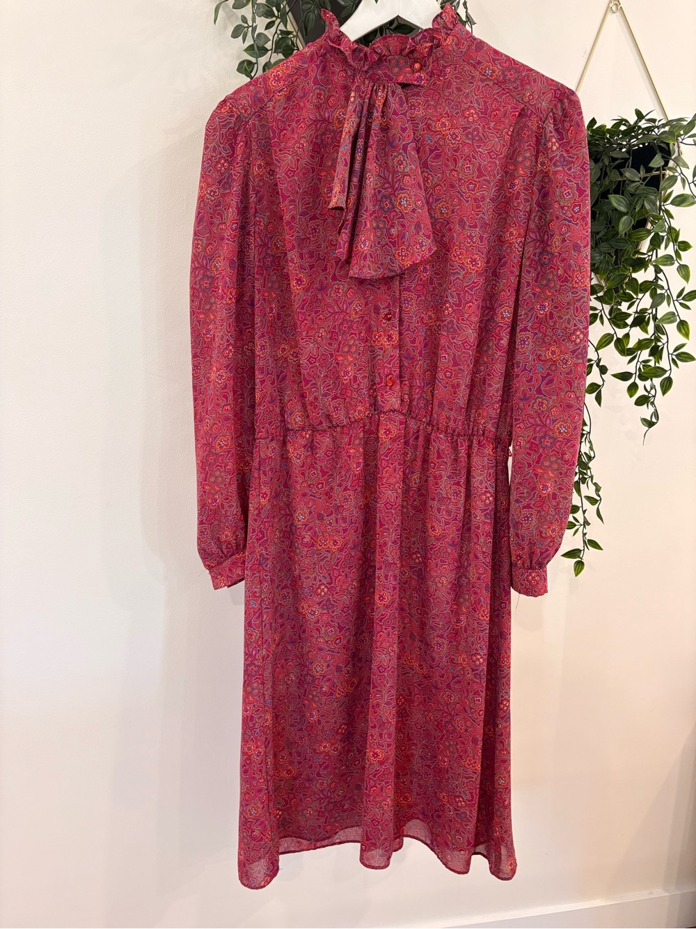 Classic Tie-Neck Long Sleeve Dress in Fuchsia Paisley